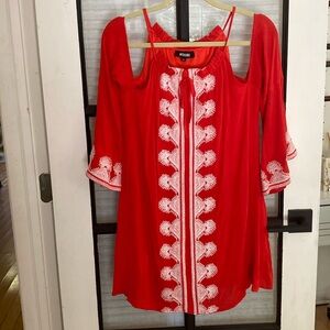 NWOT Misguided Red/ White Embroidered Cold Shoulder Dress.